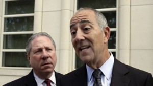 Mark Werbner, right, an attorney for the plaintiffs in a case against Jordan-based Arab Bank, talks with reporters outside the federal court in the Brooklyn borough of New York, Thursday, August 14, 2014. (photo credit: AP/Richard Drew)